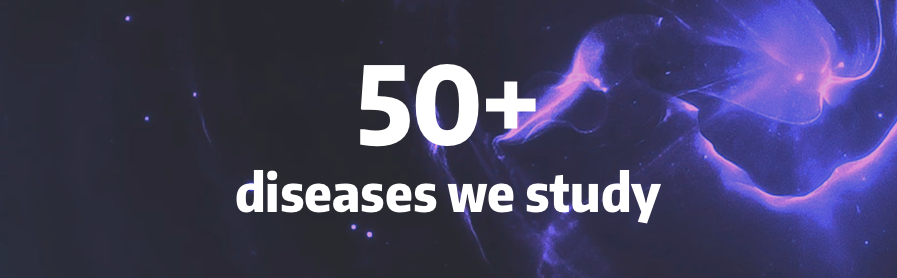 An abstract image with the text 50+ Diseases We Study