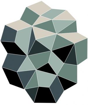 A multifaceted geometric shape in shades of green